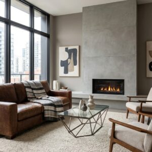 Plaid motif marron, noir, beige sur canapé en cuir, ambiance contemporaine