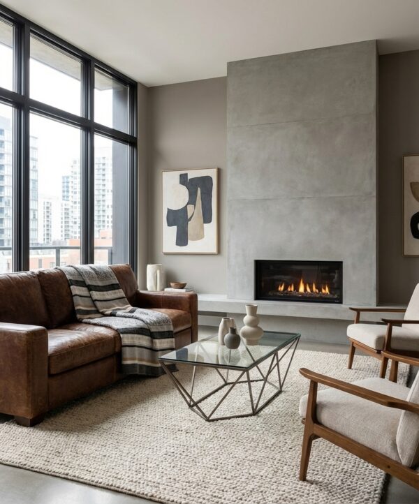 Plaid motif marron, noir, beige sur canapé en cuir, ambiance contemporaine