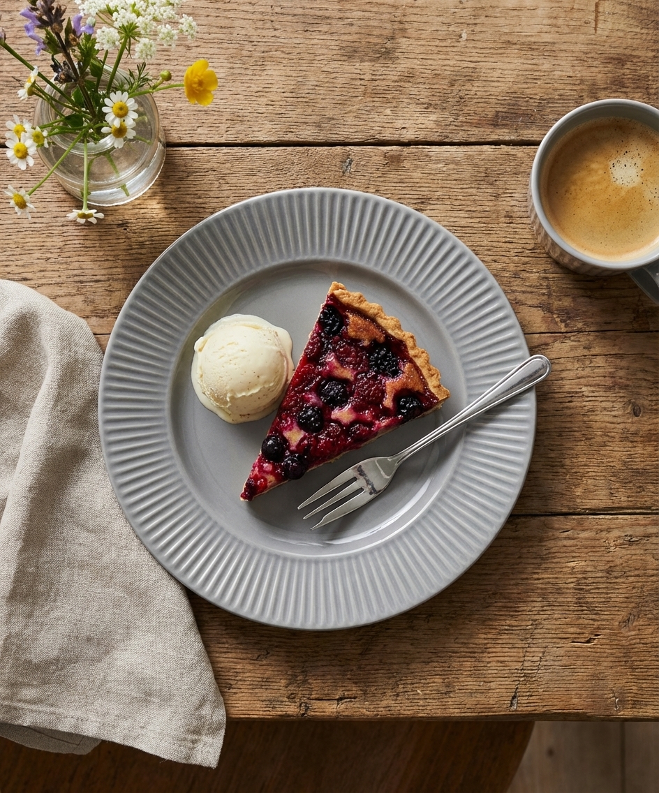 Assiette à dessert en grès naturel COTTAGE 21 cm Galet - Lot de 6 2 Assiette à dessert en grès COTTAGE Ø21cm Galet avec tarte aux fruits et boule de glace, vue principale. Référence produit V0191.