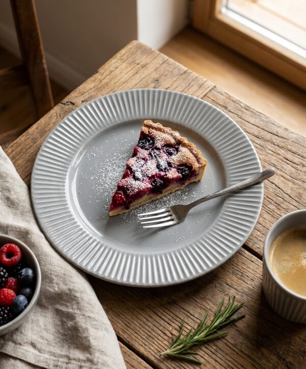 Assiette à dessert en grès COTTAGE Ø21cm Galet avec part de tarte et fourchette sur table en bois, V0191