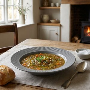 Assiette creuse en grès naturel COTTAGE Ø23cm Galet, produit principal V0190 dans un intérieur chaleureux