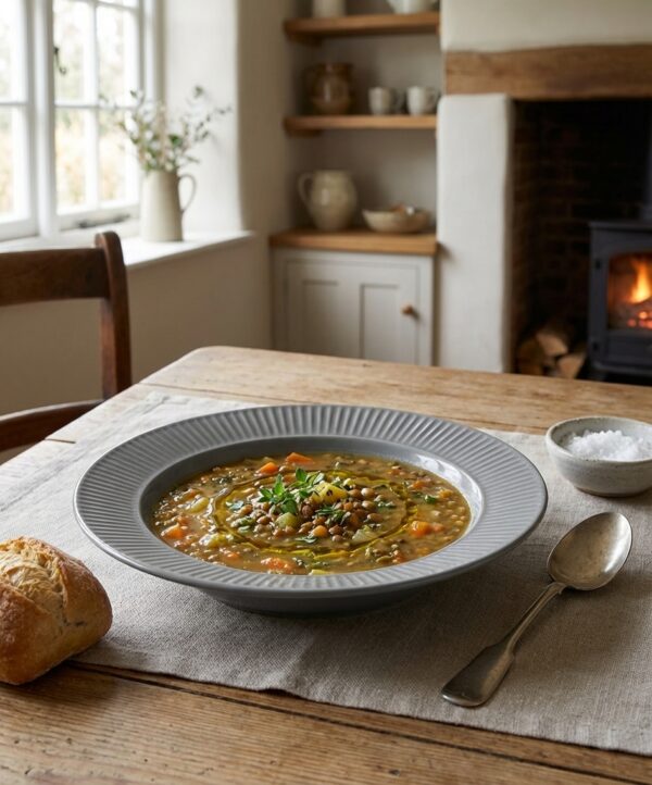 Assiette creuse en grès naturel COTTAGE Ø23cm Galet, produit principal V0190 dans un intérieur chaleureux