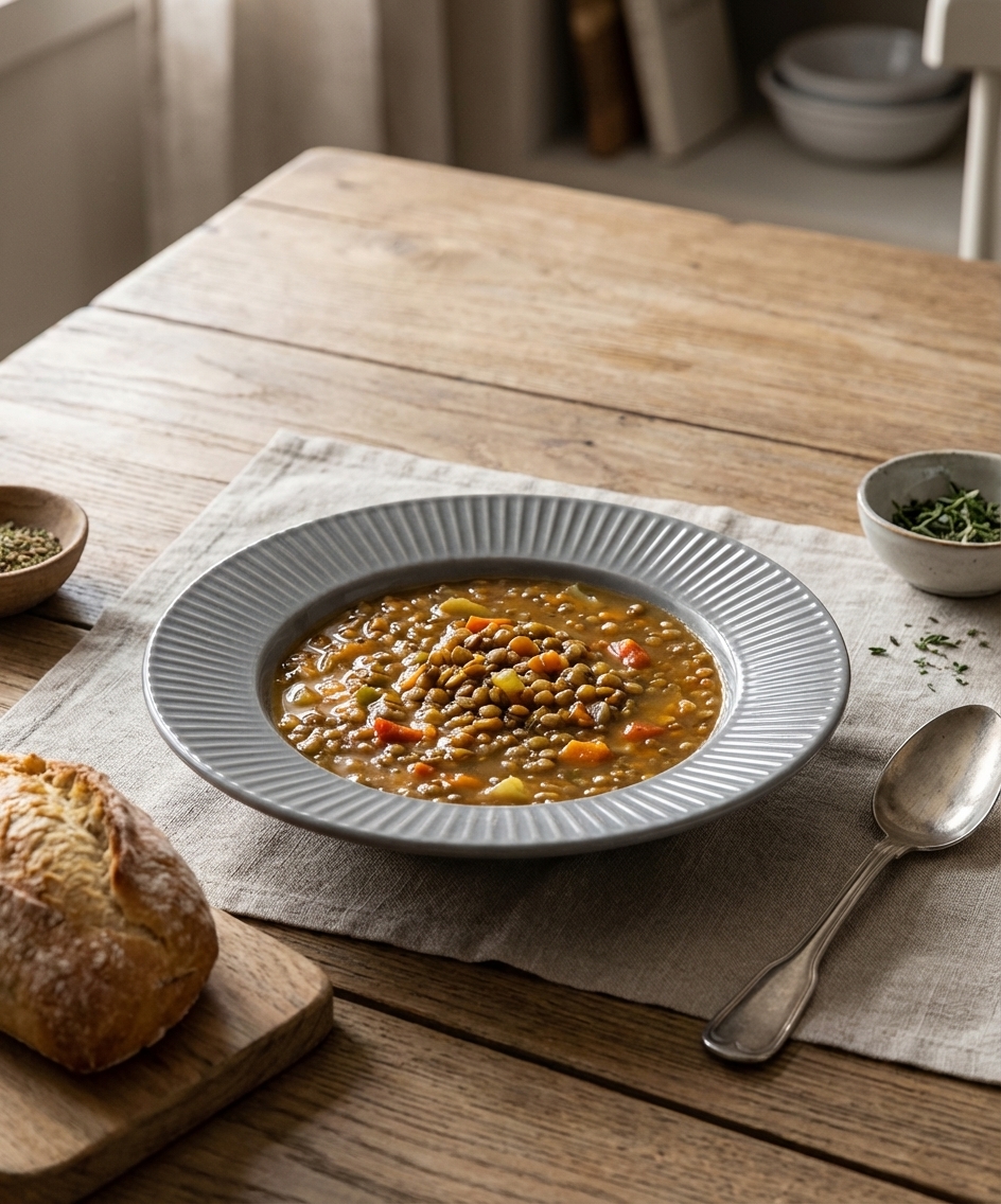 Assiette creuse en grès naturel COTTAGE 23 cm Galet - Lot de 6 2 Assiette creuse en grès naturel COTTAGE Ø23cm Galet V0190 avec soupe sur table en bois.