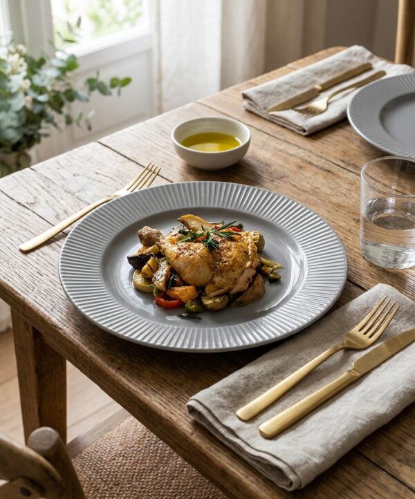 Assiette plate en grès COTTAGE Ø27cm Galet présentée sur une table dressée avec un plat servi, référence V0189