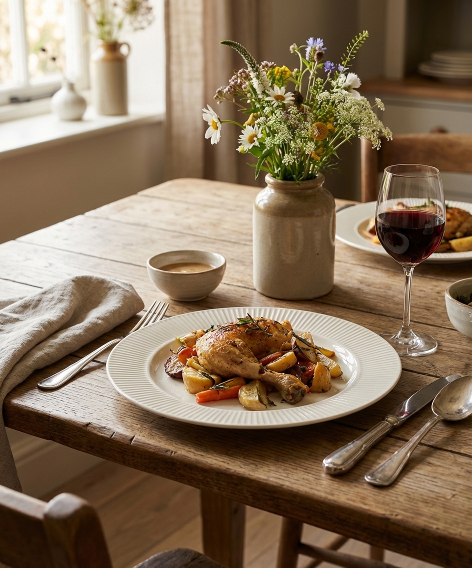 Assiette plate en grès naturel COTTAGE 27 cm Crème - Lot de 6 3 Assiette plate en grès naturel COTTAGE Ø27cm Crème avec repas, référence V0186