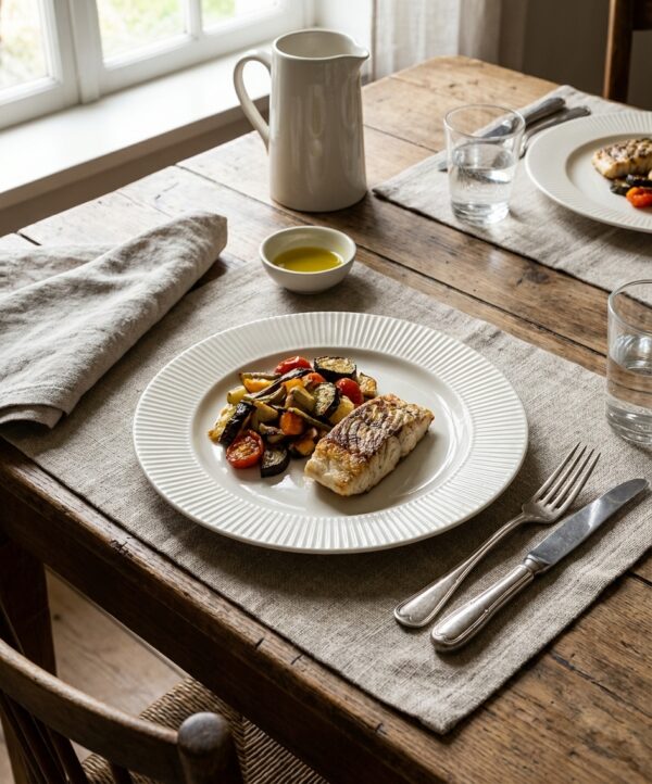 Assiette plate en grès naturel COTTAGE Ø27cm Crème sur une table dressée, référence V0186