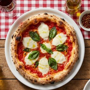 Assiette pour pizza Ø31cm porcelaine blanc Napoli V0179 avec pizza napolitaine appétissante