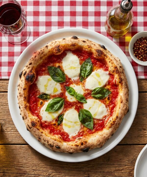 Assiette pour pizza Ø31cm porcelaine blanc Napoli V0179 avec pizza napolitaine appétissante