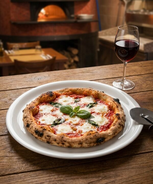 Assiette pour pizza Napoli V0179 en porcelaine blanche avec une pizza servie dessus, image principale.