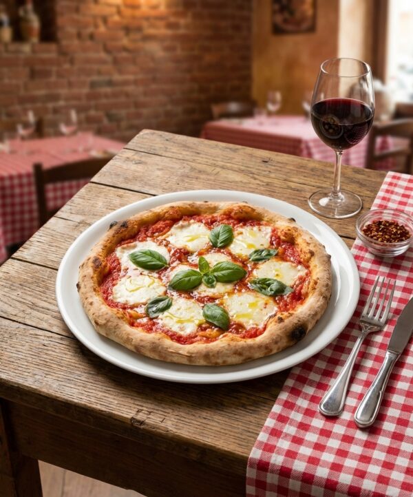 Assiette pour pizza en porcelaine blanche portant une pizza, posée sur une table en bois dans un décor de restaurant italien, produit V0179
