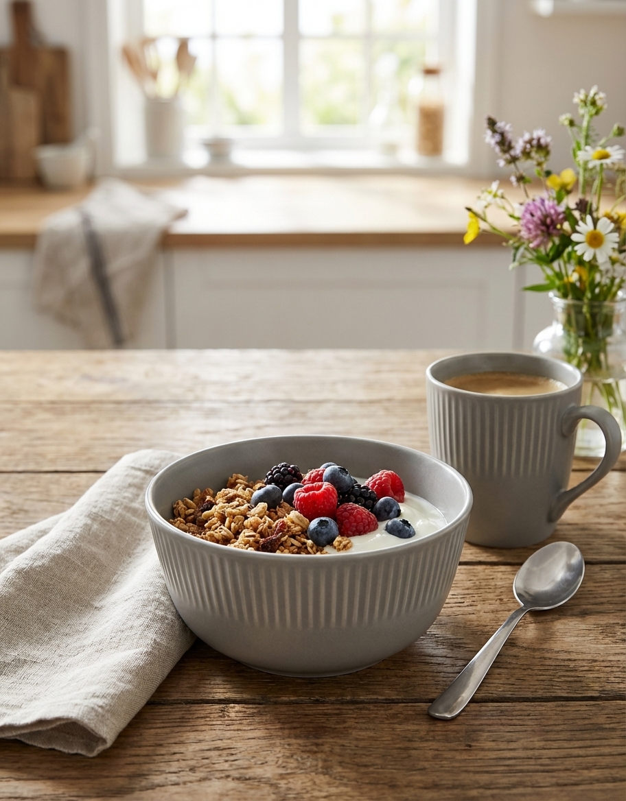 Bol en grès COTTAGE Galet - vue principale montrant le bol rempli de muesli et fruits frais, référence V0193B