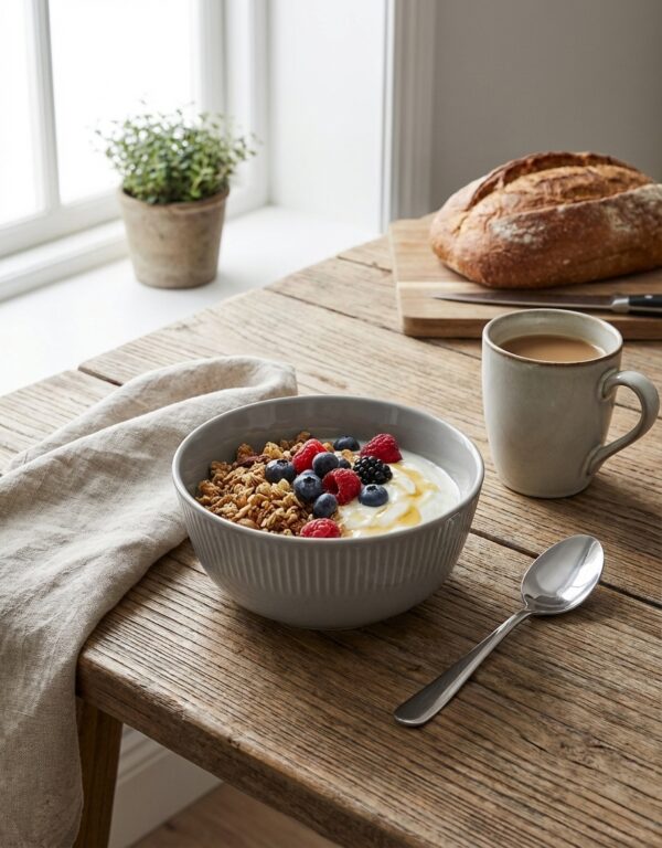 Bol en grès COTTAGE Galet avec petit déjeuner sur table en bois, référence V0193B