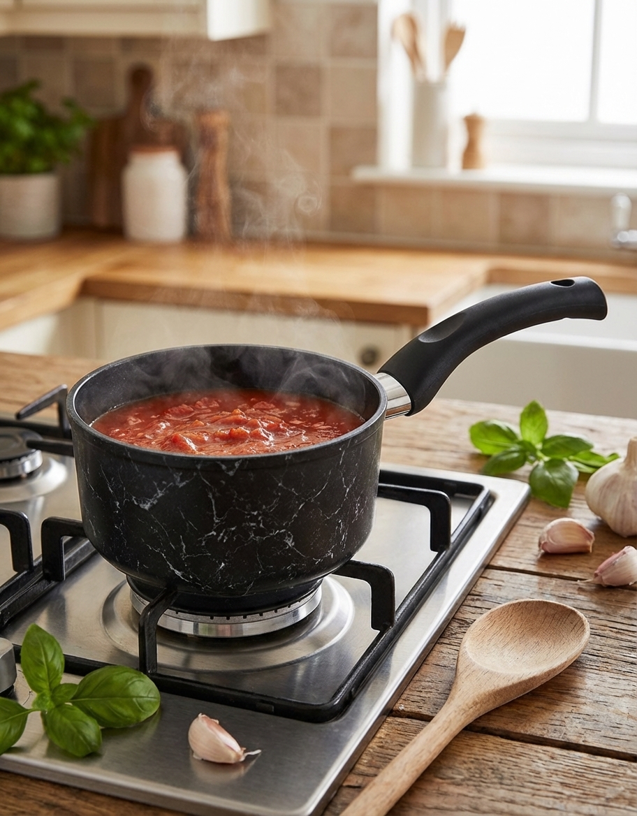 Casserole 14 de haute qualité en aluminium forgé, représentant le produit en situation de cuisson, référence B0044