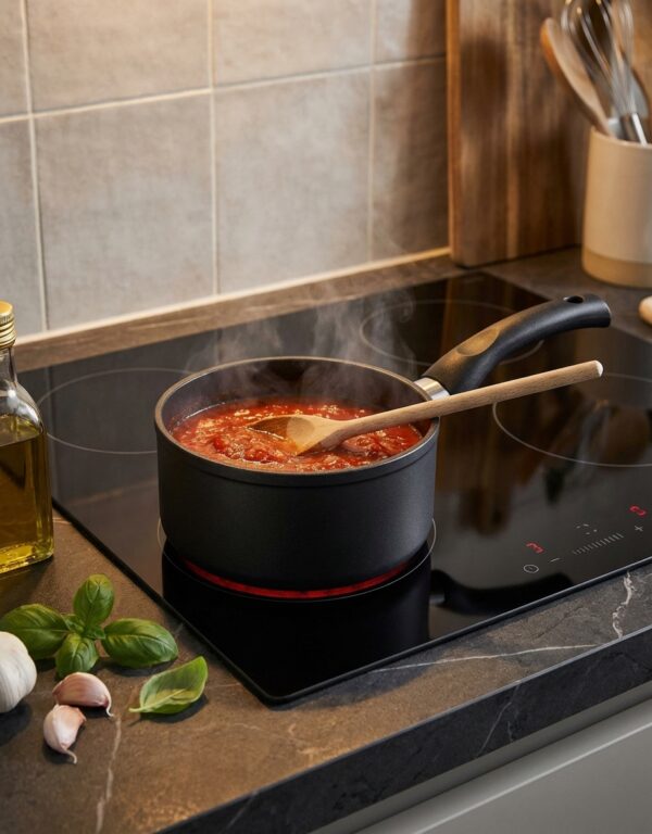Casserole 14 B0044 en aluminium forgé sur une plaque de cuisson, avec sauce mijotant à l'intérieur