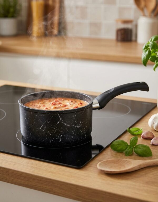 Casserole 16 Ø16cm Marble B0045 sur une plaque de cuisson, haute qualité en aluminium forgé avec revêtement anti adhérent.