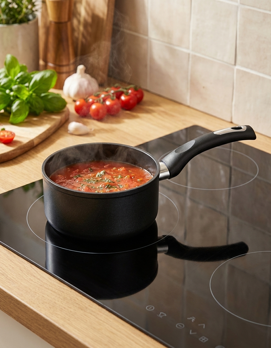 Casserole 16 image principale sur une plaque de cuisson avec une sauce, produit B0045