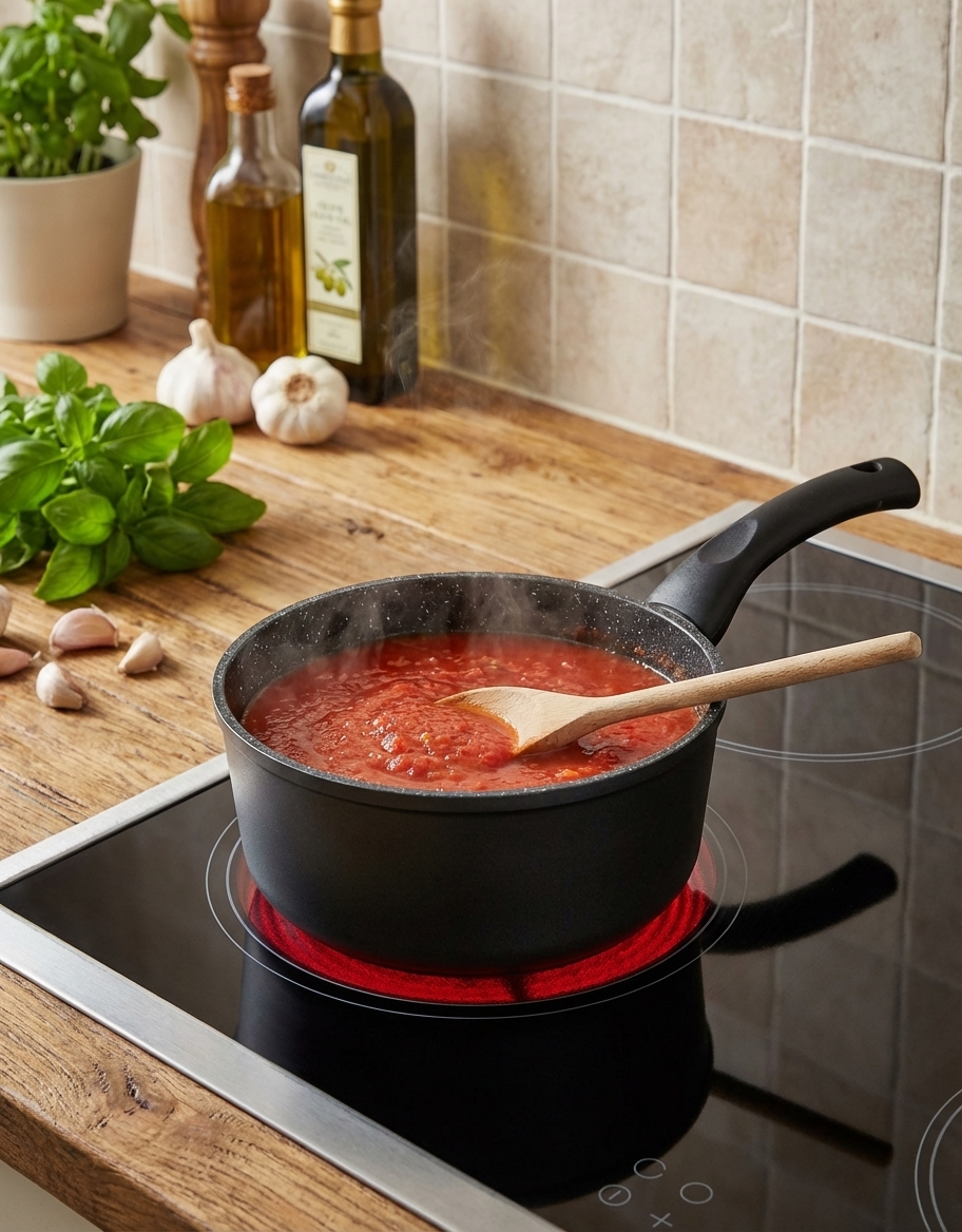 Casserole 18 B0046 en utilisation sur plaque chauffante, montrant son intérieur antiadhérent avec sauce