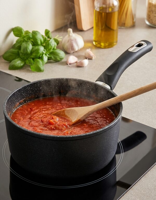 Casserole 18 haute qualité en aluminium forgé avec revêtement antiadhérent, référence B0046, sur une cuisinière avec sauce tomate, image principale.