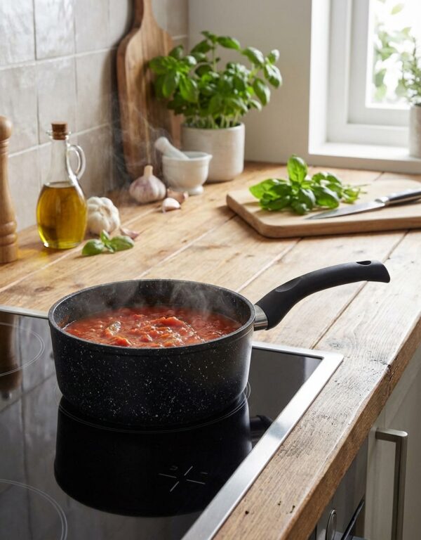 Casserole 20 Casserole Ø20cm Marble en situation de cuisson, avec revêtement antiadhérent, produit B0047