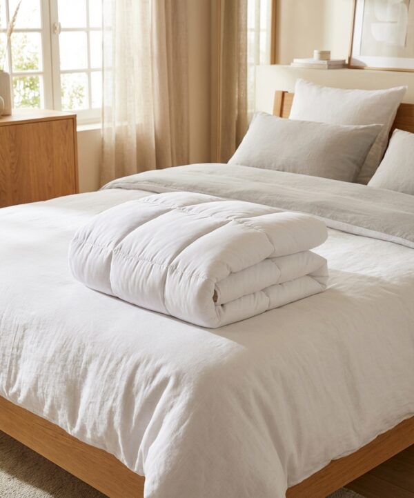 Couette en microfibre blanche pliée sur un lit dans une chambre lumineuse, produit principal C0010