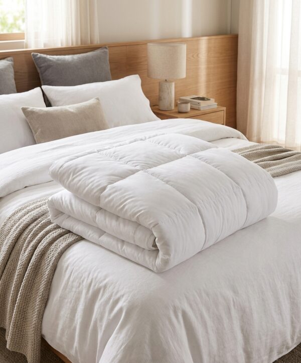 Couette en microfibre blanche 400gr 240x260cm sur un lit bien rangé, référence C0010