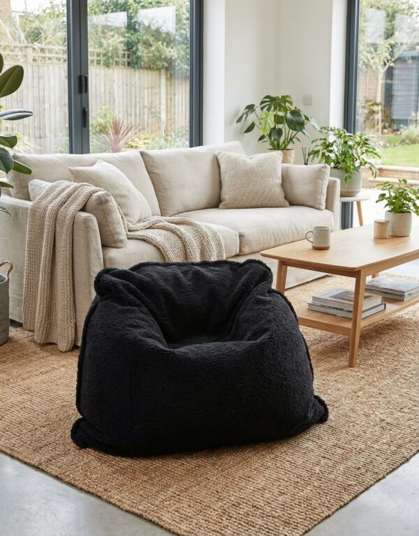 Coussin pouf géant D0118-A en tissu Mouton Anthracite dans un salon moderne
