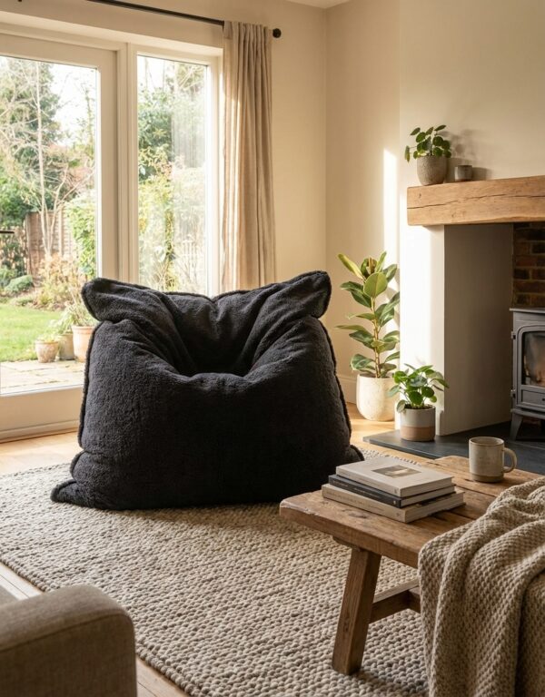 Grand coussin pouf géant en tissu Mouton Anthracite dans un salon, référence D0118-A, illustration principale.