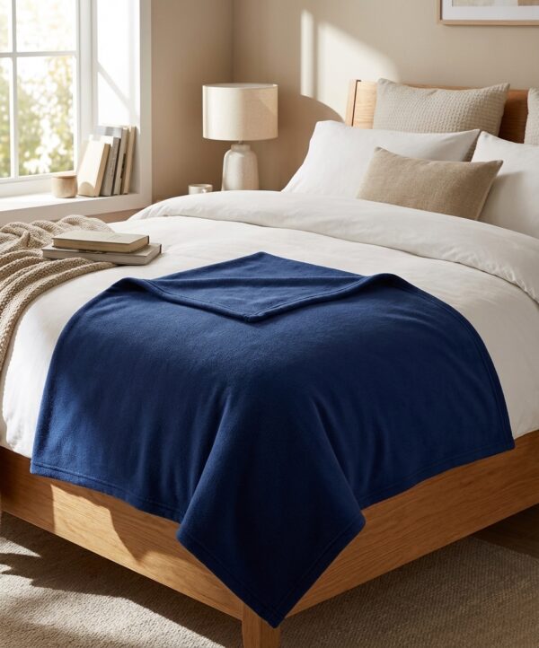 Couverture en polaire bleue marine 220x240cm sur un lit, image principale du produit C0012