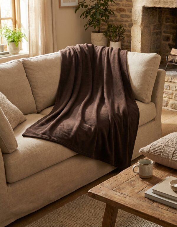 Couverture polaire 160x220 chocolat C0238CHOCO drapée sur un canapé dans un salon confortable