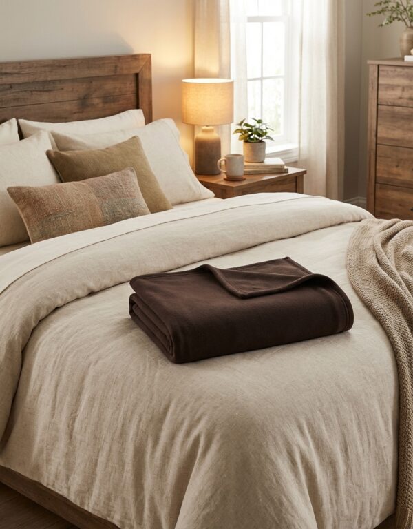 Couverture polaire 160x220cm chocolat sur lit avec oreillers et table de chevet, produit principal C0238CHOCO