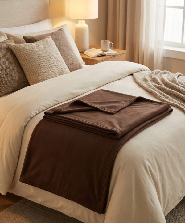 Image principale de la couverture polaire 220x240cm CHOCOLAT, référence C0239CHOCO, en situation sur un lit.