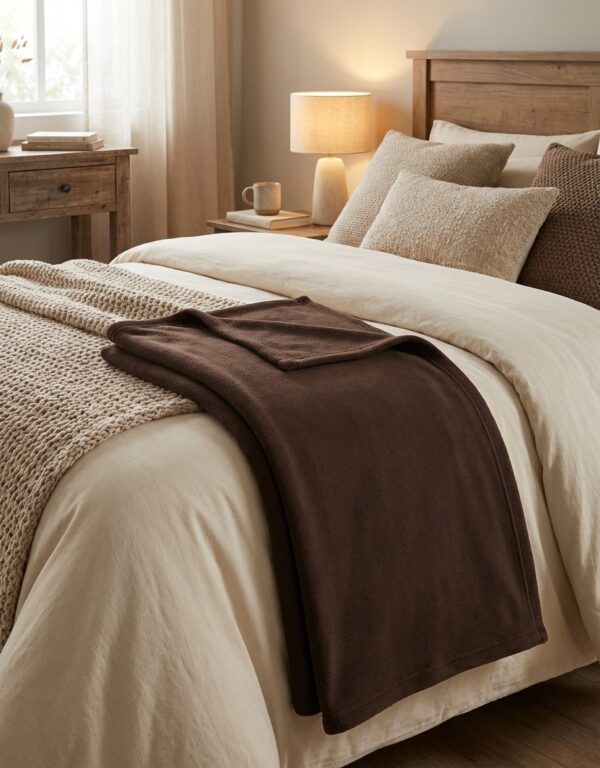 Couverture polaire 240x260 chocolat sur un lit, position principale, référence C0016