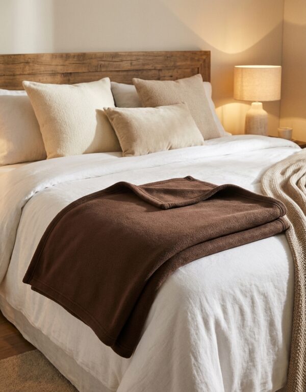 Image principale de la couverture polaire 240x260 cm CHOCOLAT C0016 sur un lit.
