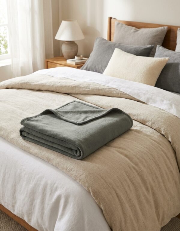 Couverture polaire 260 x 240 grise sur un lit, C0240GRIS