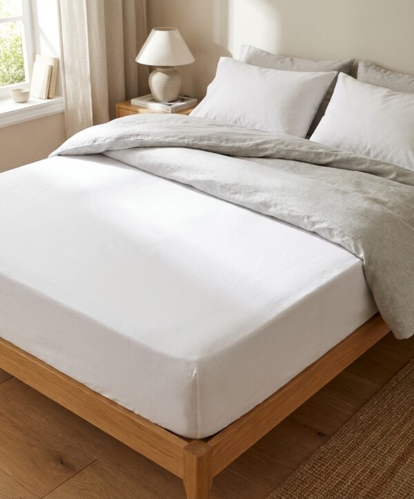 Drap housse 140 blanc polycoton C0038. Image principale montrant le drap housse installé sur un lit.
