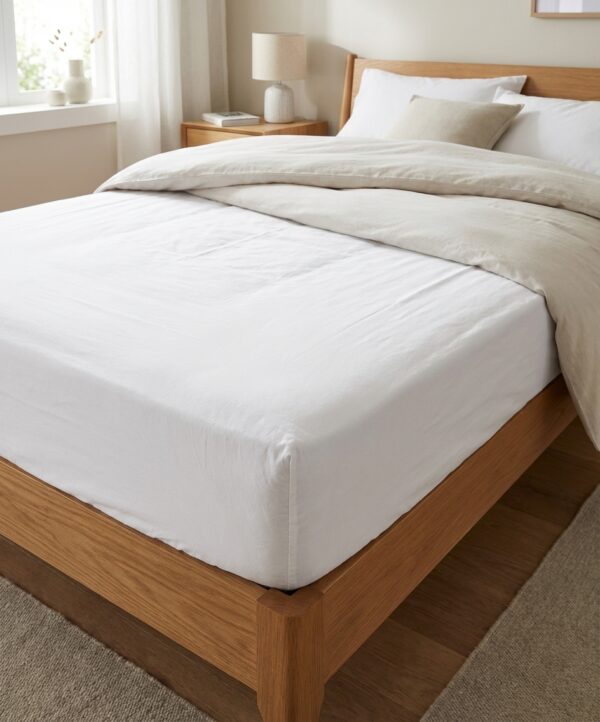 Drap housse 160 x 200 cm polycoton blanc sur un lit en bois, C0039