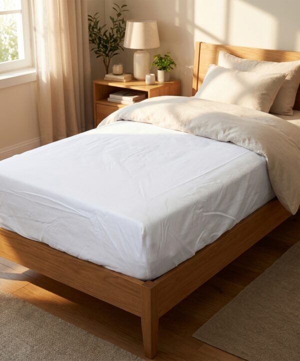 Drap housse 90 blanc sur lit en bois, C0037B