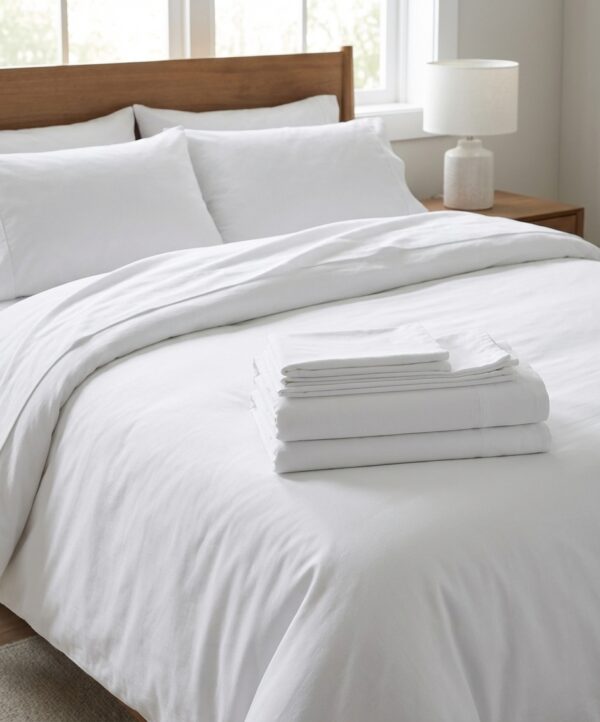 Drap plat 240x300cm polycoton blanc sur un lit, référence C0041