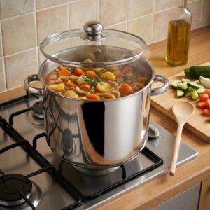 Marmite inox B0011 en utilisation avec des légumes en cuisson sur une cuisinière, image principale