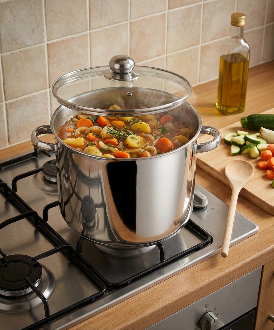 Marmite inox B0011 en utilisation avec des légumes en cuisson sur une cuisinière, image principale