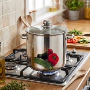 Marmite inox 11 L, Ø26cm sur une cuisinière avec légumes, référence produit B0011