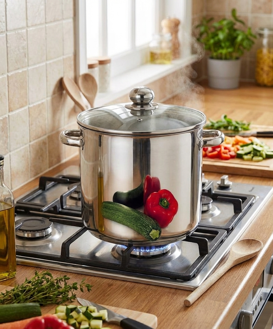 Marmite inox 11 L, Ø26cm sur une cuisinière avec légumes, référence produit B0011