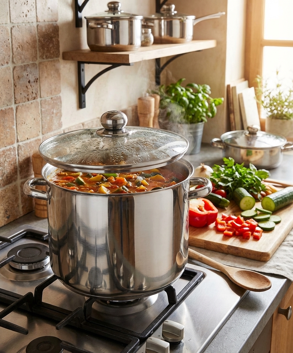 Marmite inox de 11L en situation sur la cuisinière, remplie de légumes en cuisson, référence B0011