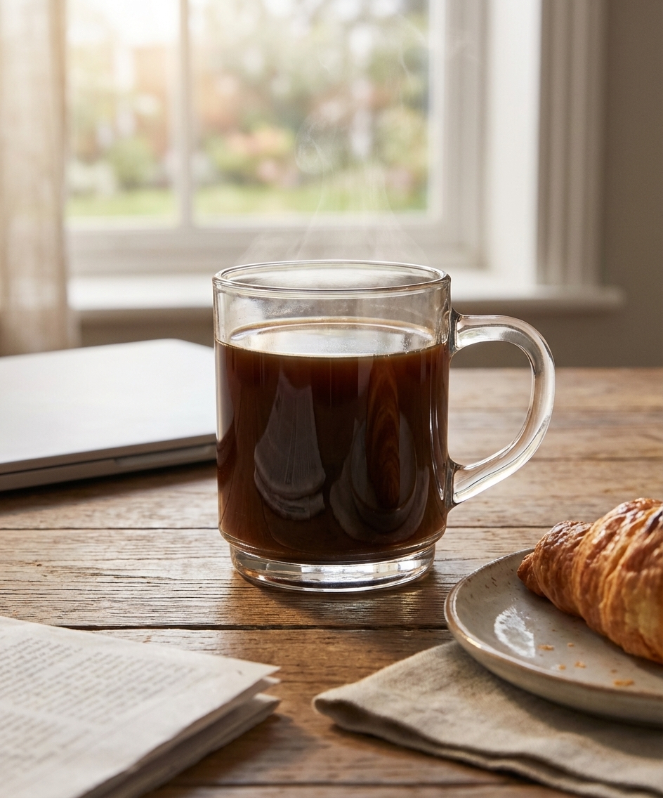 Mug en verre transparent avec café, design raffiné, V0225, image principale