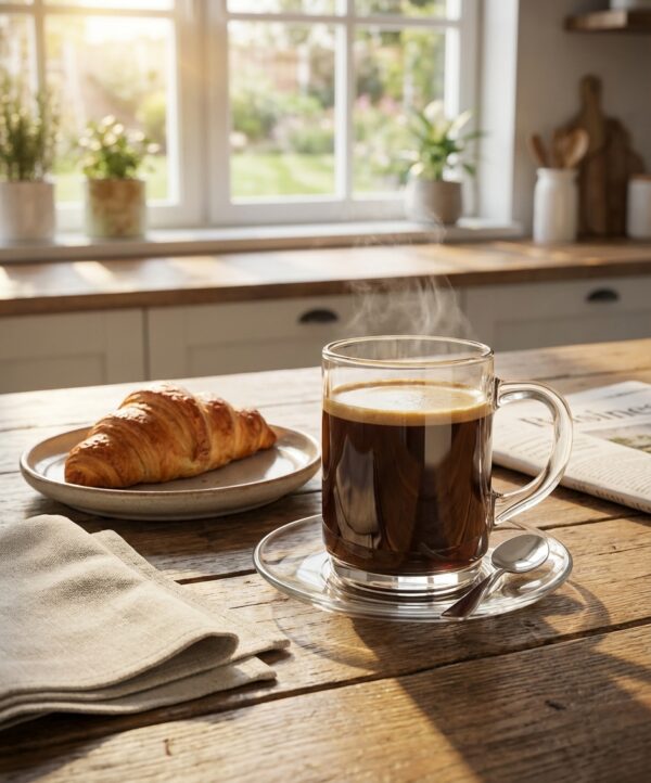 Mug en verre transparent Versailles 26cl avec café, référence V0225, image principale