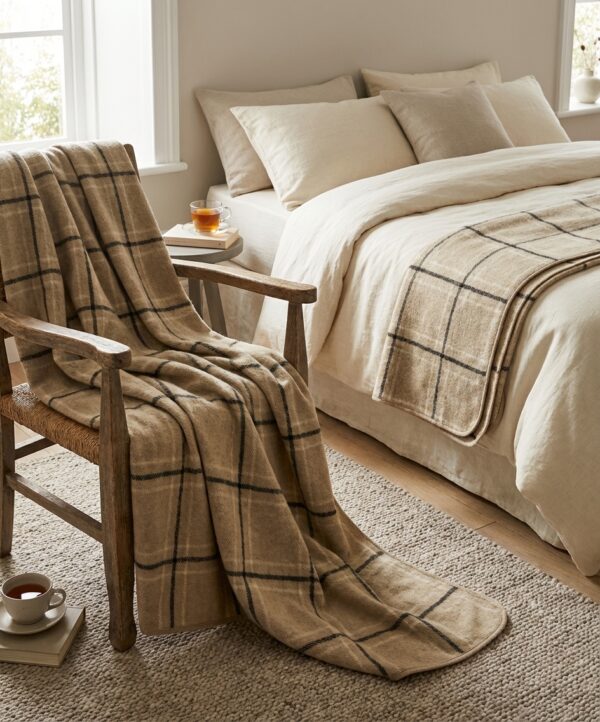 plaide écru C0237B, plaid beige rayé noir sur un fauteuil en bois dans une chambre lumineuse
