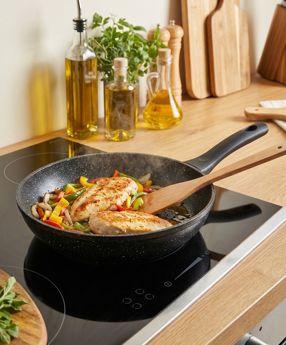 Poêle 20 cm en Granite Marble B0022, cuisson saine et diététique sur une plaque à induction.