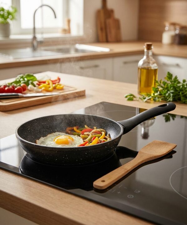 Poêle 20 cm en action sur une plaque à induction avec légumes sautés et œuf au plat, référence B0022