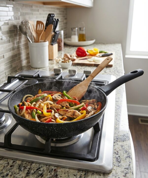 Poêle 26 cm B0024, mise en situation sur une cuisinière avec légumes sautés
