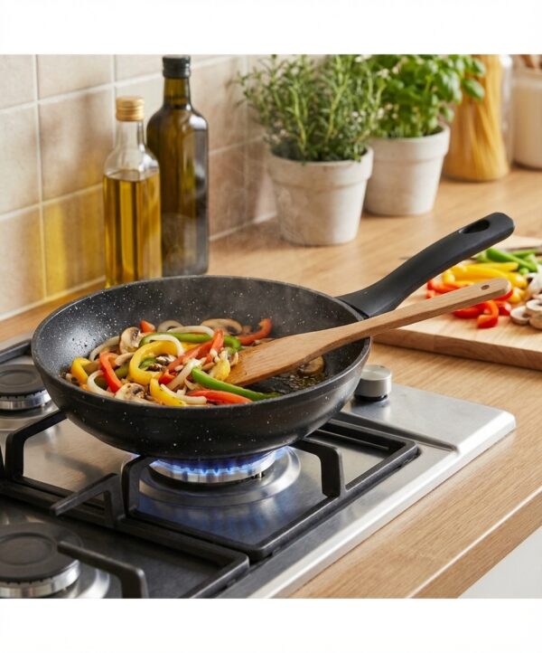 Poêle 26 cm en action, cuisson de légumes sur feu, haute qualité, référence B0024